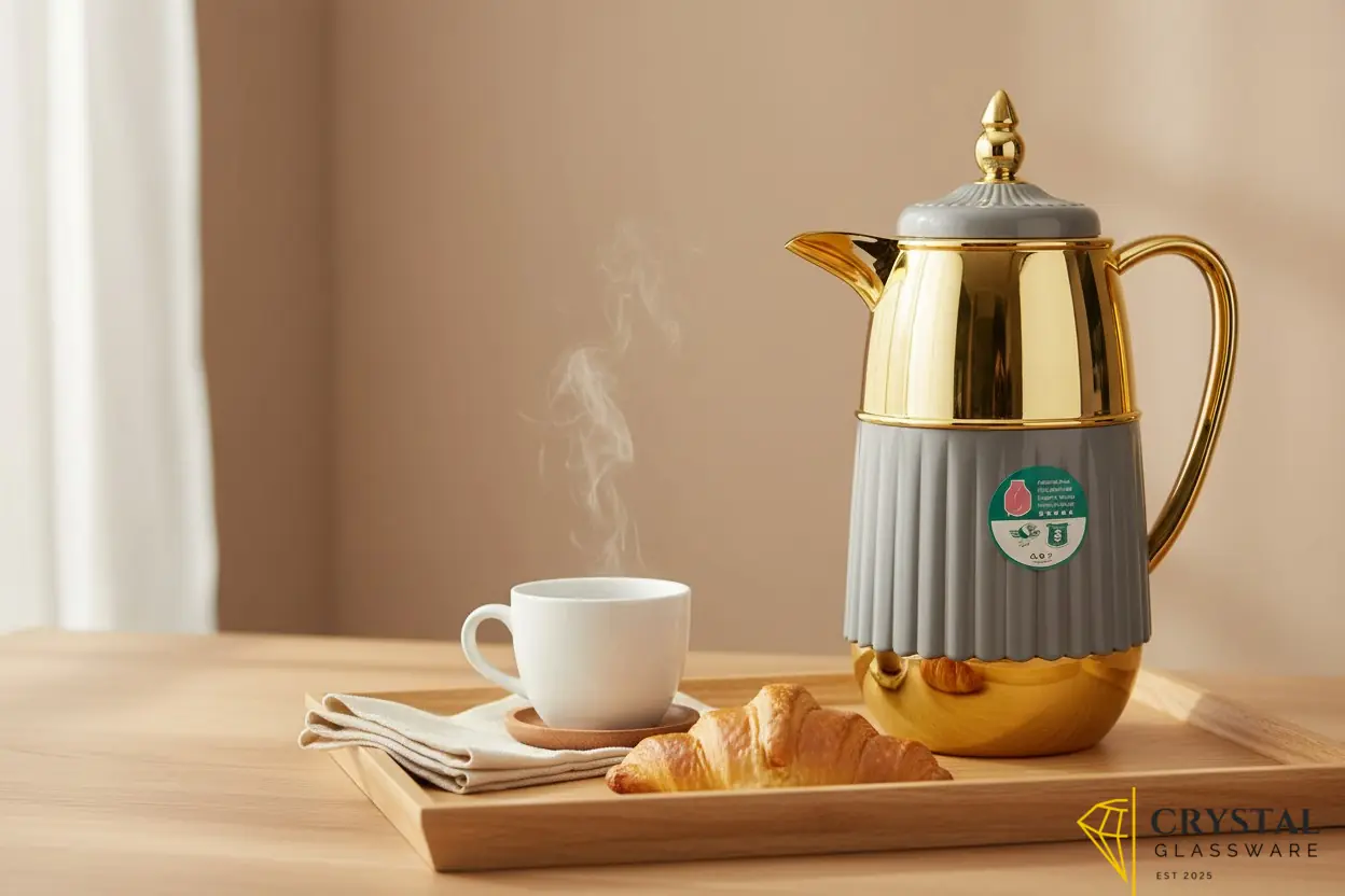 Vacuum flask features a distinctive gold-plated upper body and a pleated grey lower base